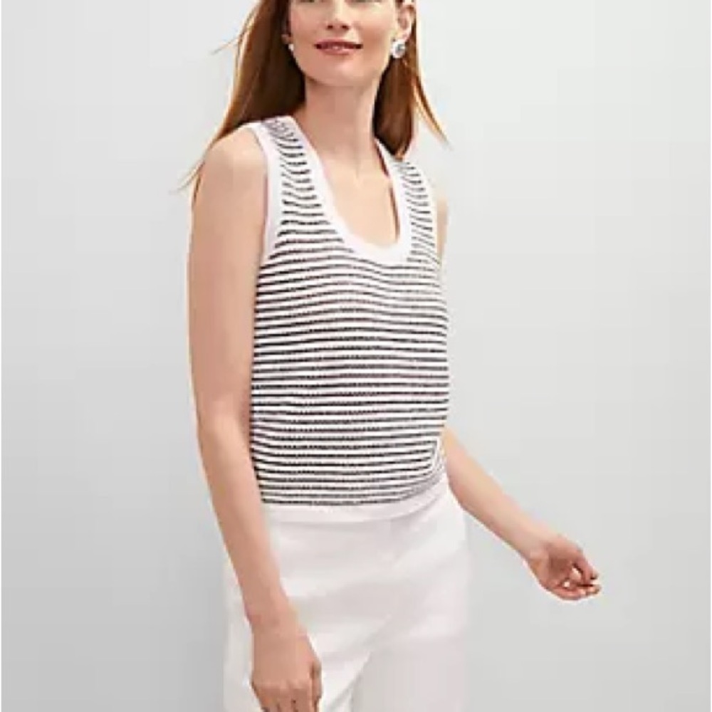 Ann Taylor Striped Metallic Knit Sweater Vest Top White Silver Petite MP